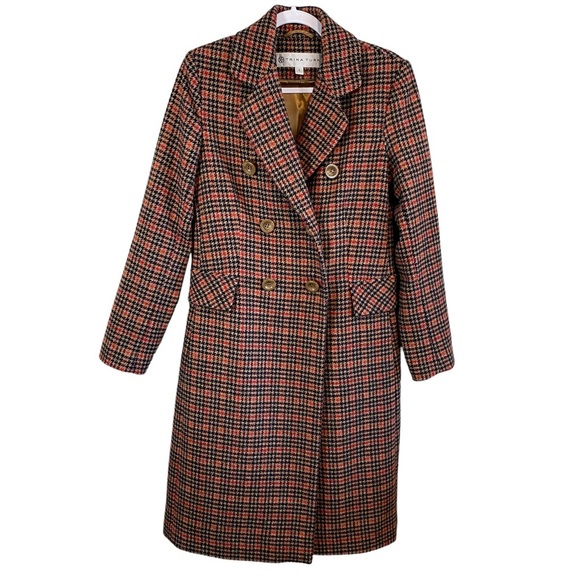 Trina Turk Jackets & Blazers - Trina Turk Double Breasted Wool Blend Coat - Red/Camel/Blue Houndstooth - Size 6